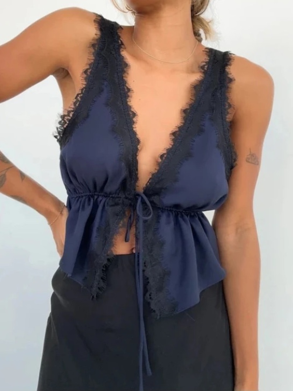 Rumored Navy Lace-Trim Crop Blouse